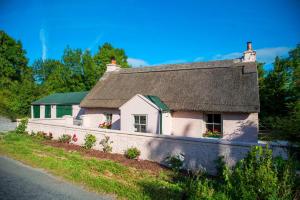 a small white house with a roof on a street at Killee Cottage in Mitchelstown