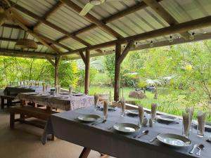 a table with plates and utensils on top at Le Camptainer, Glamping Eco Farm Stay in Grand Sable