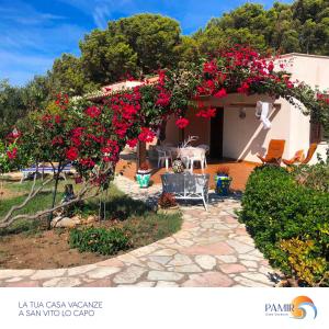 a garden with red flowers on a house at Pamir Casa Vacanze Villetta in San Vito lo Capo