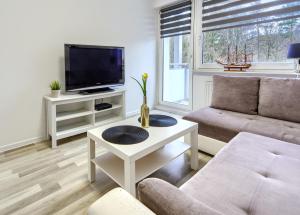 een woonkamer met een bank en een tv bij Mieszkanie Zacisze - NoclegiSopot in Sopot