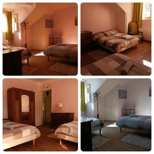 Quatre photos différentes d'une chambre avec deux lits et une table dans l'établissement Apartment Coecilia, à Ax-les-Thermes