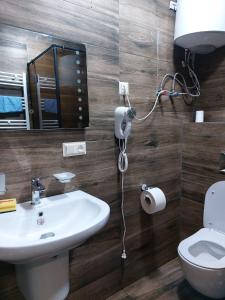 ein Badezimmer mit einem Waschbecken, einem Spiegel und einem WC in der Unterkunft Gonio in Kwariati