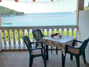 a table and chairs with a view of the ocean at Apartments Franka Saplunara in Saplunara