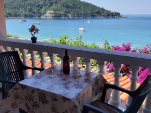 una mesa con una botella de vino en el balcón en Apartments Franka Saplunara, en Saplunara
