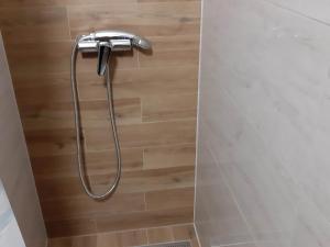a shower with a hose attached to a door at Apartments Franka Saplunara in Saplunara +33 photos