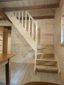 a staircase in a cabin with wooden walls at Dom Sosnowy in Szczytno