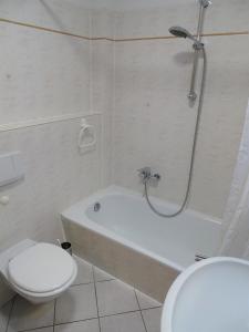 a bathroom with a tub and a toilet and a shower at Nachtigall 1 in Grönwohldshorst