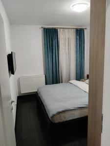 ブラショヴにあるAvangarden Apartmentのベッドルーム1室(ベッド1台、青いカーテン付きの窓付)
