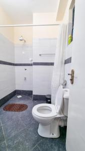 a bathroom with a white toilet and a shower at Luxury 1Br Apartment with Secure Parking & Lift Nakuru in Nakuru