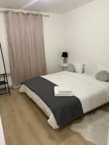 - une chambre avec un lit et une couverture noire et blanche dans l'établissement appartement luxueux 70m2, 2 chambres, à Argenteuil