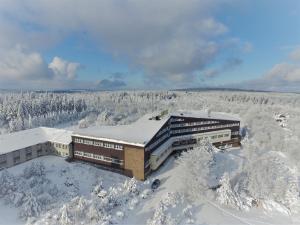 um edifício na neve com árvores cobertas de neve em Hotel Lugsteinhof em Kurort Altenberg