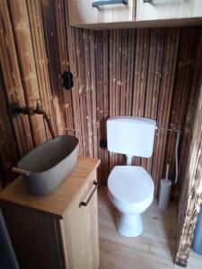 a bathroom with a toilet and a bath tub at Tiny House Calido in Apelern