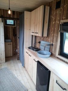 a kitchen with wooden cabinets and a bowl on a counter at Tiny House Calido in Apelern
