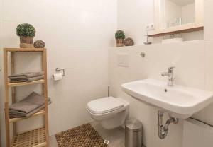 Baño blanco con aseo y lavamanos en DUENENROSE App Nr 03 max 3 Pers, en Dierhagen