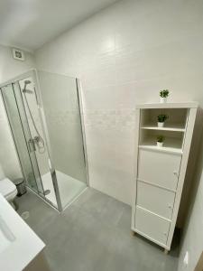 a white bathroom with a shower and a toilet at Apartamento ZAPILLO IRIA 1 in Almería