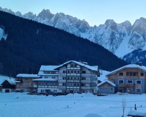 a building in the snow with mountains in the background at Panorama Lodge Edelweiss in Gosau
