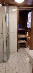 a bathroom with a shower and a toilet at Punatulkku in Kalajoki