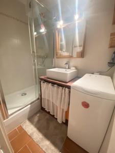 La salle de bains est pourvue d'un lavabo et de toilettes. dans l'établissement AS22947-Studio cabine résidence direct sur plage, au Grau-du-Roi
