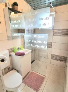W łazience znajduje się toaleta, umywalka i prysznic. w obiekcie Studio Apartment Lino w mieście Skrbčići