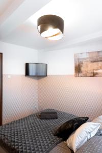 a bedroom with a bed and a tv on a wall at ClickTheFlat Piękna Center Apart Rooms in Warsaw