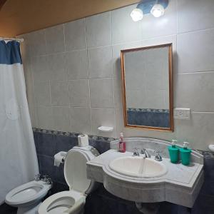 uma casa de banho com um lavatório, um WC e um espelho. em Cabañas SHAMBALLA em Cafayate
