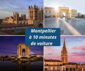 un collage de fotos de una ciudad con las palabras Montpellier en Escapade Ensoleillée * wifi * mer à 10 minutes, en Carnon-Plage