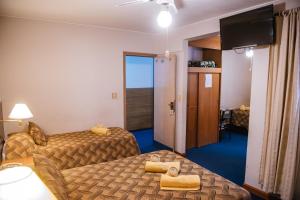 Habitación de hotel con 2 camas y TV de pantalla plana. en Hotel Pacífico en Mendoza