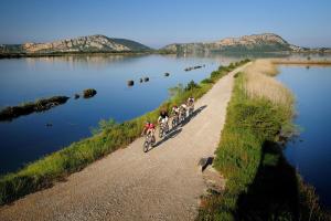 a group of people riding bikes on a path across a lake at The Westin Resort, Costa Navarino in Romanu