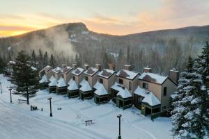 uma fila de casas cobertas de neve nas montanhas em Caribou Highlands Lodge em Lutsen