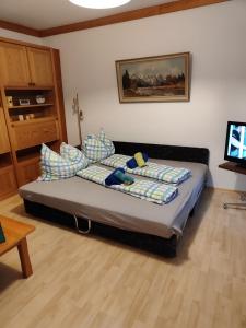sypialnia z łóżkiem z poduszkami i telewizorem w obiekcie Wohlfühl - Appartement Fewo Pichlarn Irdning Ferienwohnung w mieście Aigen im Ennstal
