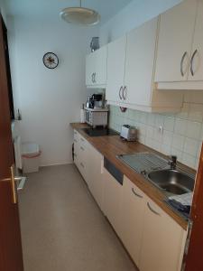 a kitchen with white cabinets and a sink at Wohlfühl - Appartement Fewo Pichlarn Irdning Ferienwohnung in Aigen im Ennstal