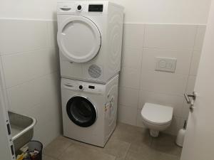 y baño con aseo y lavadora y secadora. en Quartier No. 7 - Serviced Living en Grödig