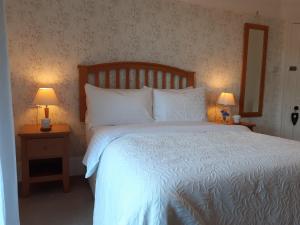 a bedroom with a white bed with two lamps at Gable Lodge Guest House in Lynton