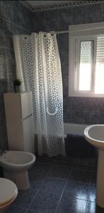 a bathroom with a shower and a toilet and a sink at Orchard View in Campano