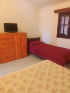 ein Wohnzimmer mit einem roten Sofa und einem TV in der Unterkunft Rada in Embalse