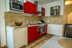 eine kleine Küche mit roten Schränken und einem Waschbecken in der Unterkunft Relax & Beautiful View in Slovenj Gradec