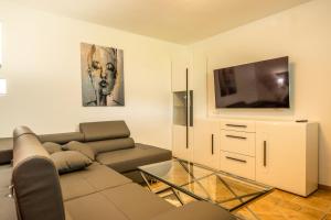 a living room with a couch and a flat screen tv at Relax & Beautiful View in Slovenj Gradec