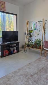 ein Wohnzimmer mit einem Flachbild-TV und einer Anlage in der Unterkunft Complejo Junin Dpto Planta Alta in Formosa
