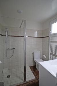 uma casa de banho com um chuveiro, um WC e um lavatório. em Le magnolia em Couzeix