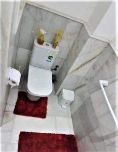 a small bathroom with a white toilet and red rug at Appartement de luxe à el jadida in El Jadida