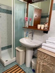 bagno con lavandino e doccia di Hotel Sole a Prato Nevoso