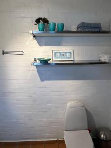 łazienka z toaletą i półkami na ścianie w obiekcie Skønt hus på landet tæt på Billund w mieście Give