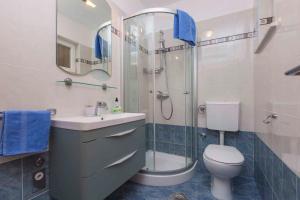 Apartments in Labin/Istrien 30422 في رافني: حمام مع دش ومرحاض ومغسلة