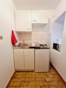 uma pequena cozinha com armários brancos e um lavatório em STUDIO CALME 22 m2 CENTRE VILLE NANTUA em Nantua