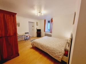 um quarto com uma cama e uma secretária em STUDIO CALME 22 m2 CENTRE VILLE NANTUA em Nantua