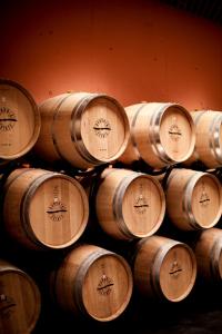 um monte de barris de madeira empilhados numa sala em Bononia Estate Winery & Resort 