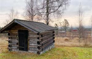 an old log cabin with a black roof in a field at Nice Home In Kopparberg With Sauna, 5 Bedrooms And Wifi in Ställdalen