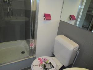 uma casa de banho com um WC, um chuveiro e um lavatório. em Studio Le Grau-du-Roi, 1 pièce, 4 personnes - FR-1-307-123 em Le Grau-du-Roi