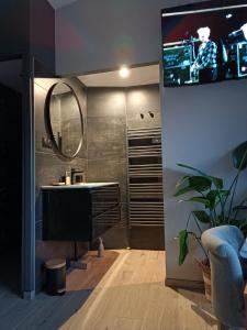 un baño con lavabo y espejo en lovebirds spa, en Vincey