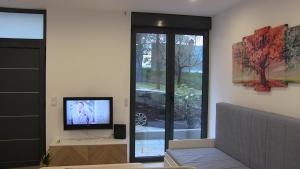 uma sala de estar com uma televisão e uma janela em Porto Arrábida Gaia, Big comfortable, 4or6 pax, ground floor em Vila Nova de Gaia